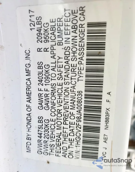 2018 Honda Accord Touring z USA, uszkodzony, nr VIN 1HGCV2F98JA008036